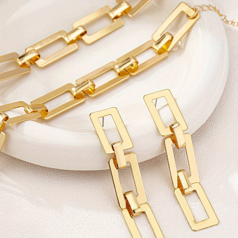 3pcs Personalized, Fashionable, Elegant, Retro Style Golden Necklace, Geometric Earrings, Bracelet Jewelry, Square Style Leopard Print Golden Necklace, Bracelet Earrings Set Suitable for Parties and Banquets